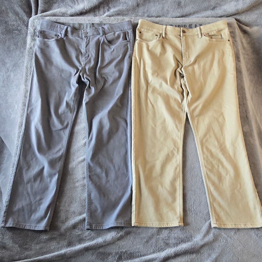 IZOD Regular‎ Fit Pants Mens 36x30 Grey Tan Stretch Chino 5-Pocket Lot of 2